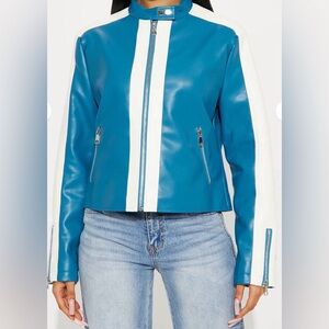Fashion Nova Blue and White Women's faux leather Jacket